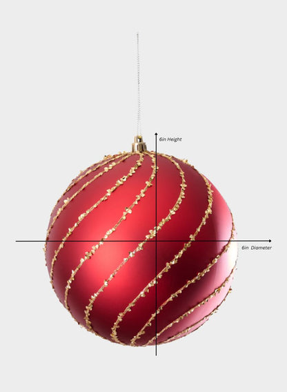 6in Round Plastic "Real Glass Look" Beaded Swirl Red Ornament