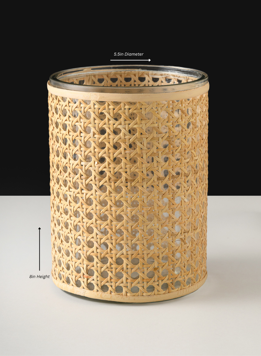 Indochine Cane Weaved Glass Cylinder Decor Jamali Garden Beige 8in Tall - Medium EACH