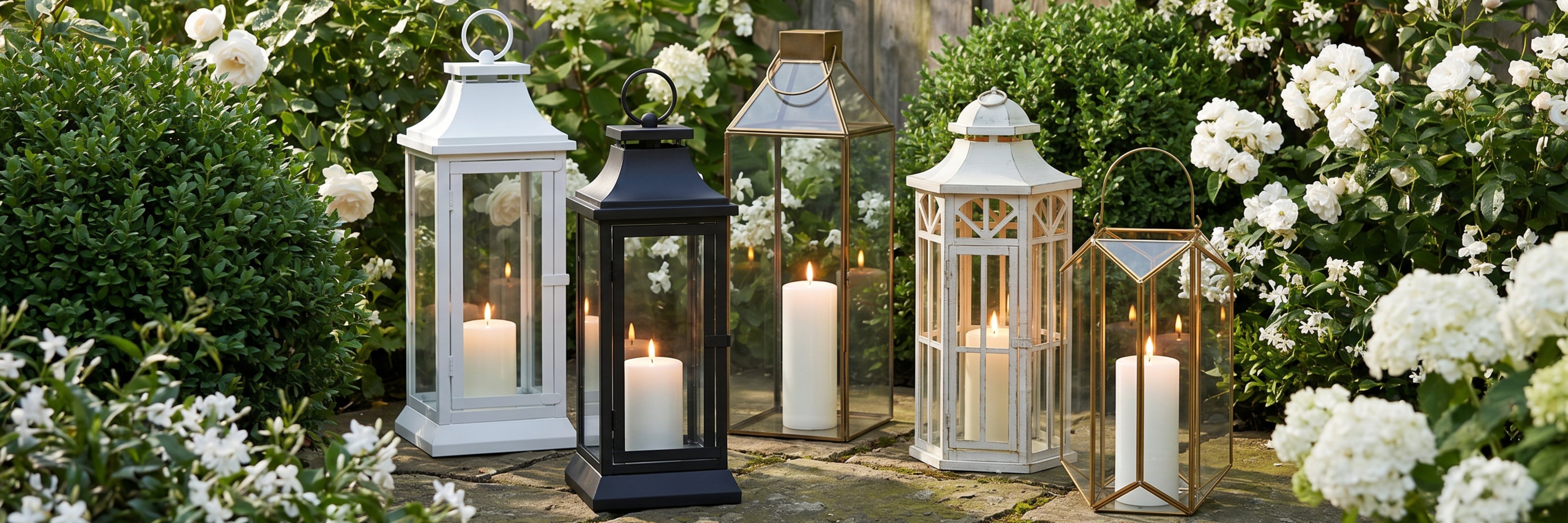 Decorative lanterns with candles surrounded by white flowers and greenery