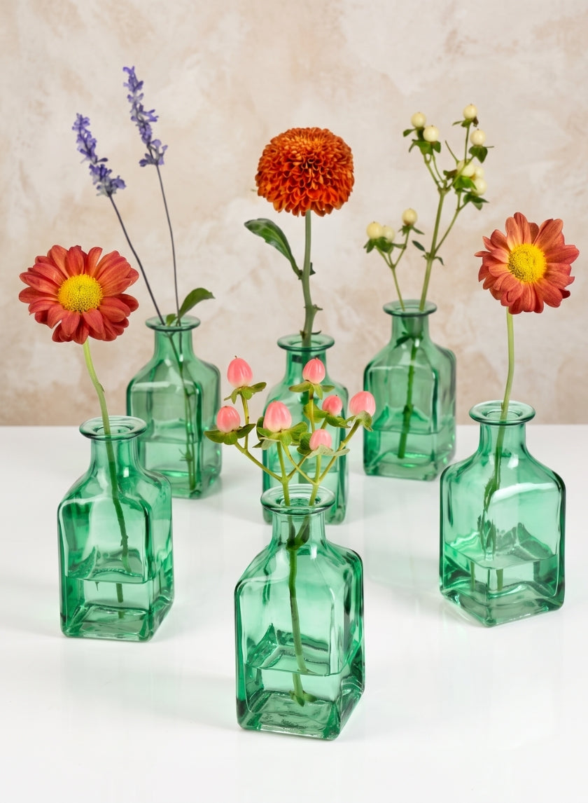 4.5in Tall Mexican Green Glass Square Bottle Bud Vase, Set of 6