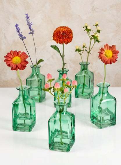 4.5in Tall Mexican Green Glass Square Bottle Bud Vase, Set of 6