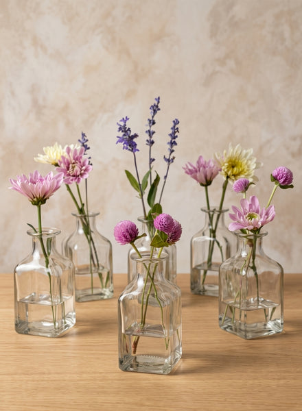 Shop Our Clear Glass Square Bottle Bud Vase Today | Set of 6