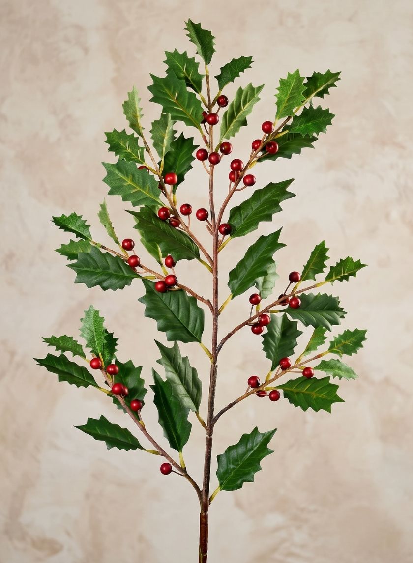 35in Holly Leaves &amp; Red Berries Branch, Case of 12 Decor Jamali Garden