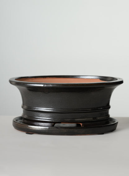 10in Long Penjing Oval Bonsai Ceramic Pot with Saucer, Chocolate Brown Decor Jamali Garden