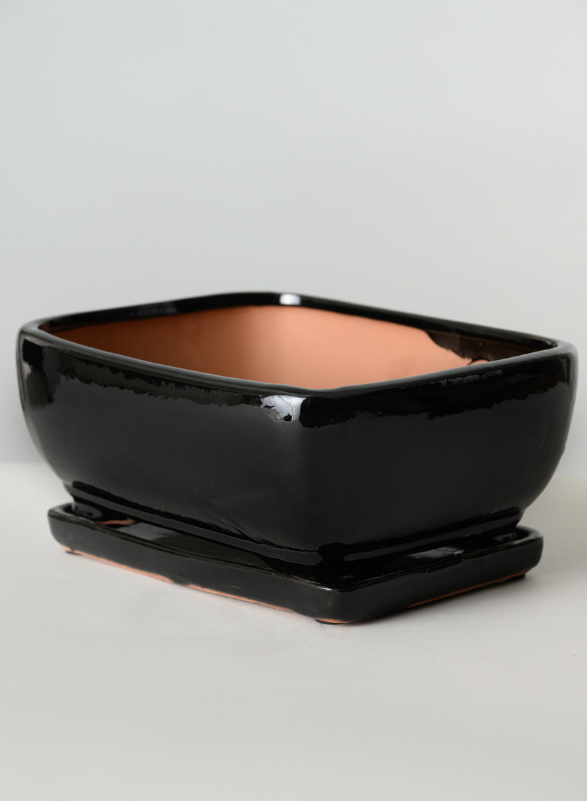 11in Long Penjing Rectangle Bonsai Ceramic Pot with Saucer, Gloss Black Decor Jamali Garden