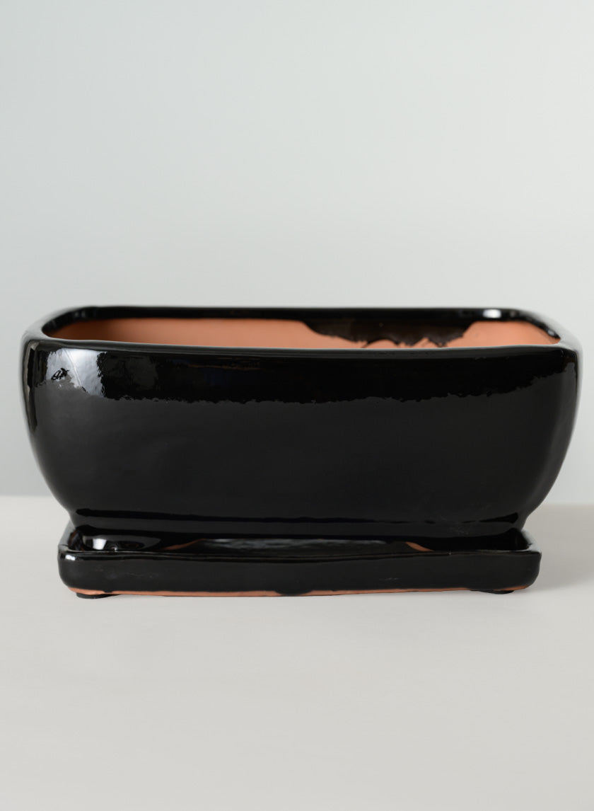 11in Long Penjing Rectangle Bonsai Ceramic Pot with Saucer, Gloss Black Decor Jamali Garden