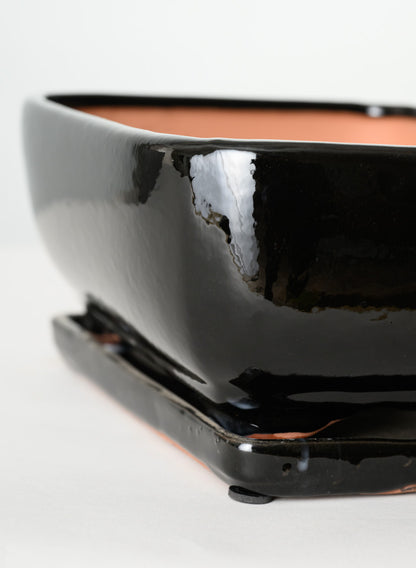 11in Long Penjing Rectangle Bonsai Ceramic Pot with Saucer, Gloss Black Decor Jamali Garden
