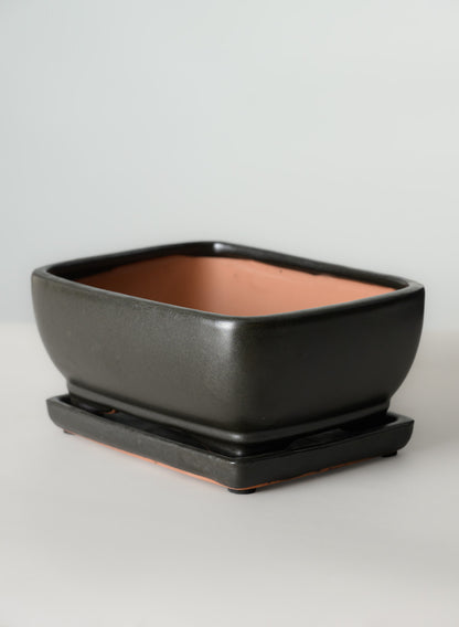 8.5in Long Penjing Rectangle Bonsai Ceramic Pot with Saucer, Matte Black Decor Jamali Garden