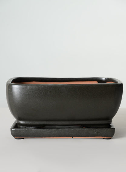 8.5in Long Penjing Rectangle Bonsai Ceramic Pot with Saucer, Matte Black Decor Jamali Garden