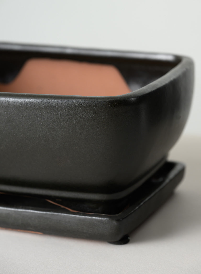 8.5in Long Penjing Rectangle Bonsai Ceramic Pot with Saucer, Matte Black Decor Jamali Garden