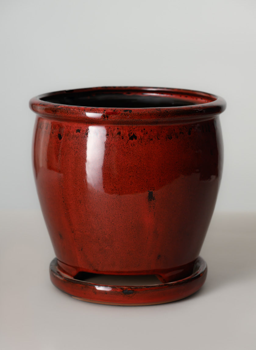 7in Tall Ming Oxblood Red Ceramic Pot with Saucer Decor Jamali Garden