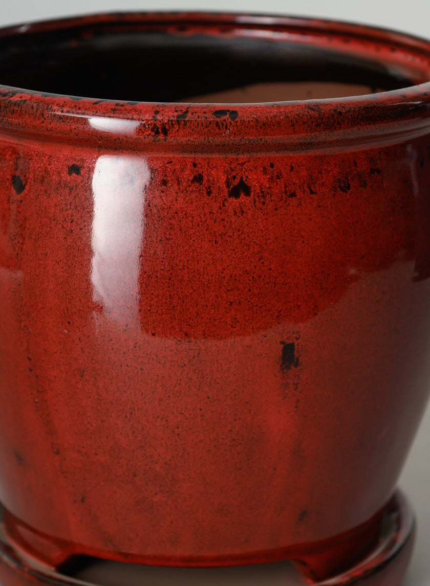 7in Tall Ming Oxblood Red Ceramic Pot with Saucer Decor Jamali Garden
