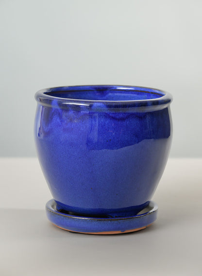 6in Tall Ming Blue Glaze Ceramic Pot with Saucer Decor Jamali Garden