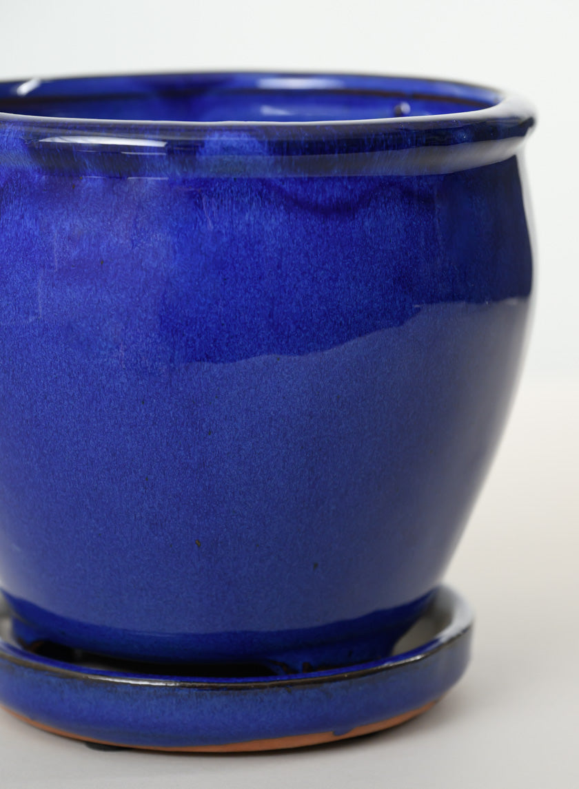 6in Tall Ming Blue Glaze Ceramic Pot with Saucer Decor Jamali Garden