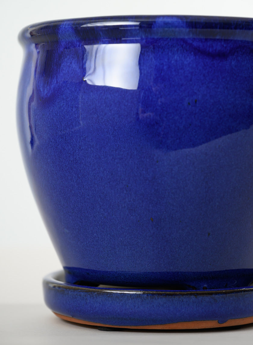 6in Tall Ming Blue Glaze Ceramic Pot with Saucer Decor Jamali Garden