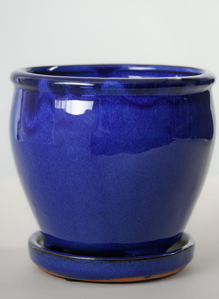 6in Tall Ming Blue Glaze Ceramic Pot with Saucer Decor Jamali Garden