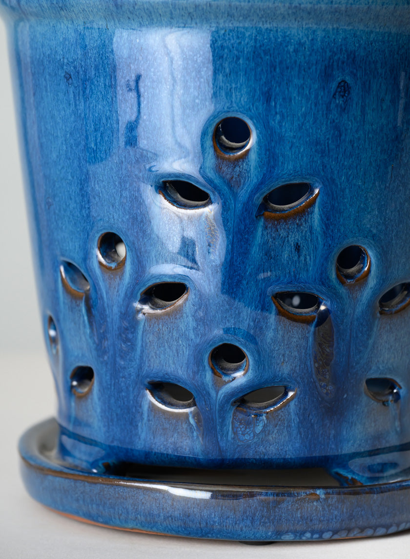 7in Tall Santorini Blue Orchid Ceramic Pot with Saucer Decor Jamali Garden