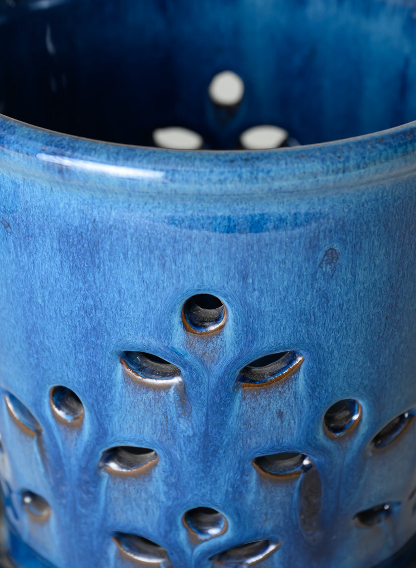 7in Tall Santorini Blue Orchid Ceramic Pot with Saucer Decor Jamali Garden