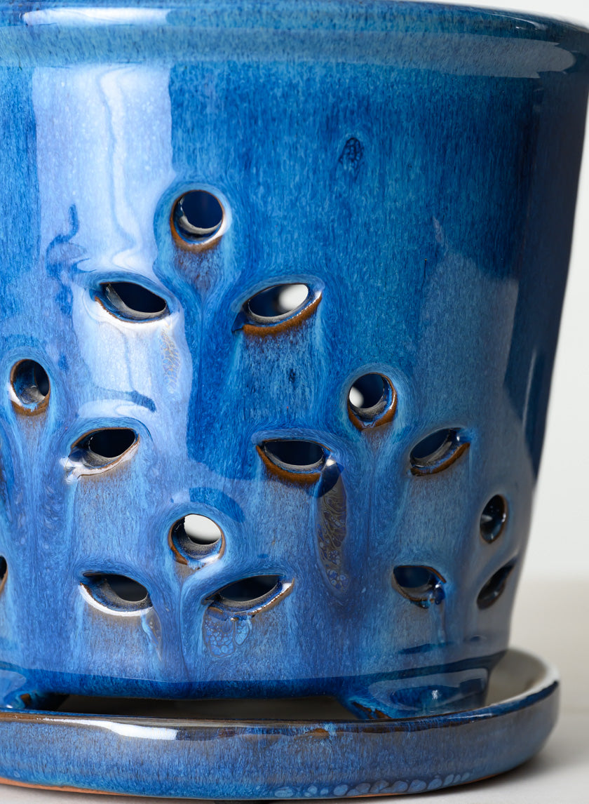 7in Tall Santorini Blue Orchid Ceramic Pot with Saucer Decor Jamali Garden