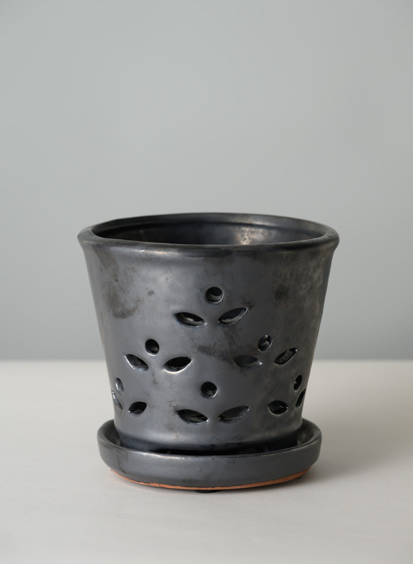 6in Tall Platinum Orchid Ceramic Pot with Saucer Decor Jamali Garden