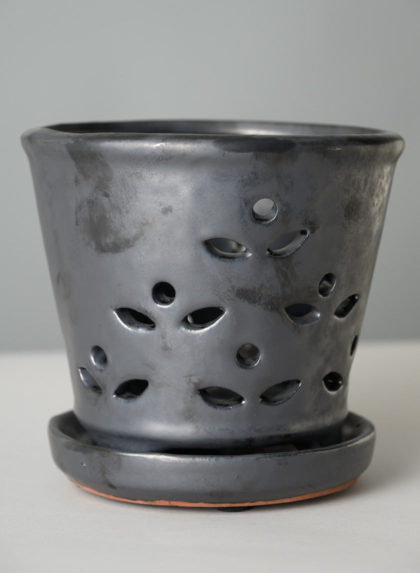 6in Tall Platinum Orchid Ceramic Pot with Saucer Decor Jamali Garden