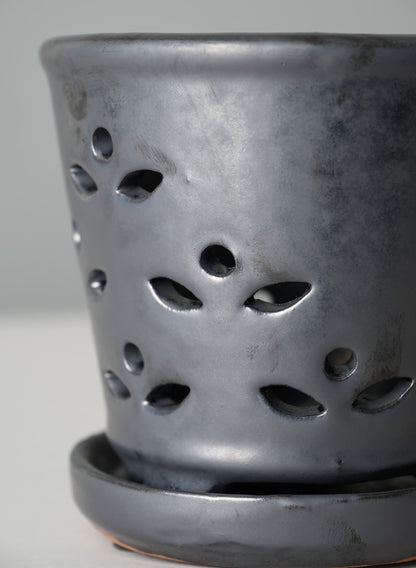 6in Tall Platinum Orchid Ceramic Pot with Saucer Decor Jamali Garden