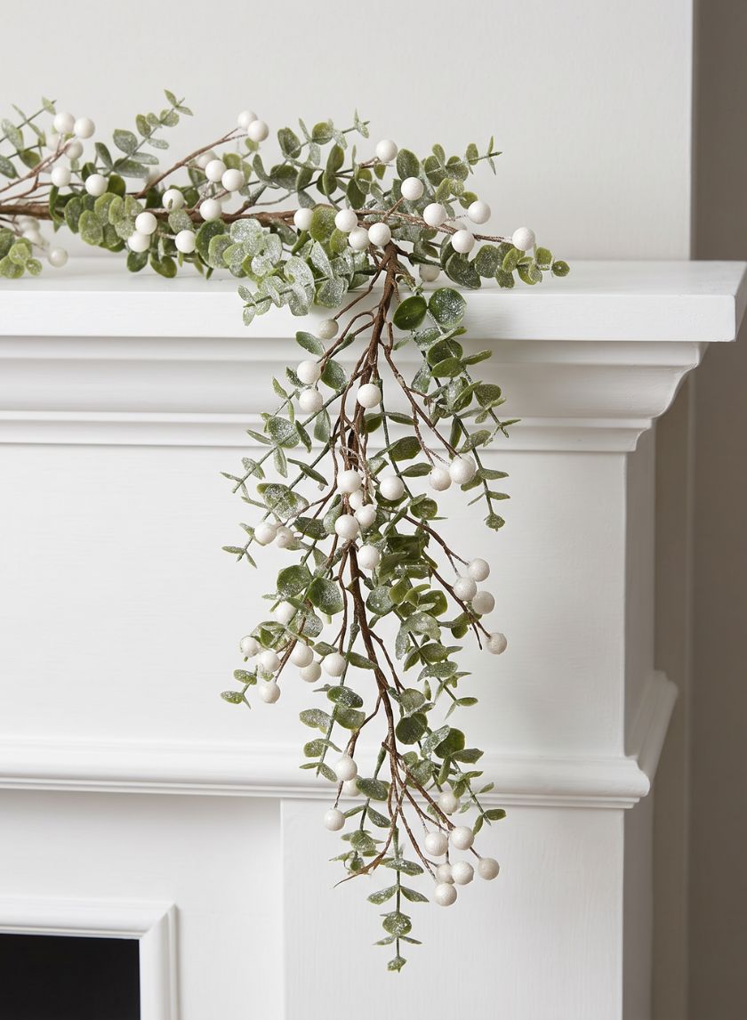 56in Long Iced &amp; Glittered Eucalyptus Garland with Berries Decor Jamali Garden