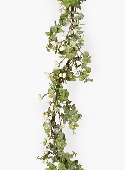 56in Long Iced &amp; Glittered Eucalyptus Garland with Berries Decor Jamali Garden