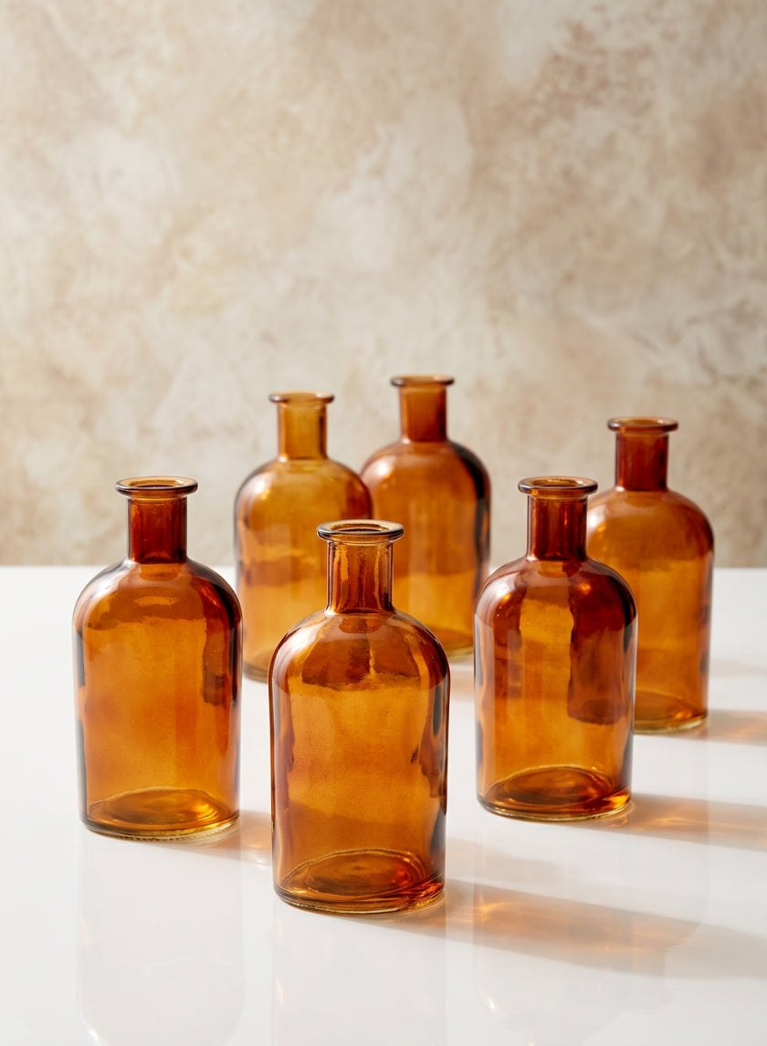5.25in Tall Amber Medicine Bottle Glass Bud Vase, Set of 6 Decor Jamali Garden