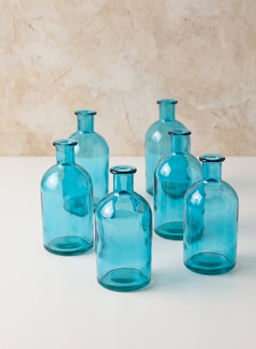 5.25in Tall Blue Medicine Bottle Glass Bud Vases, Set of 6 Decor Jamali Garden