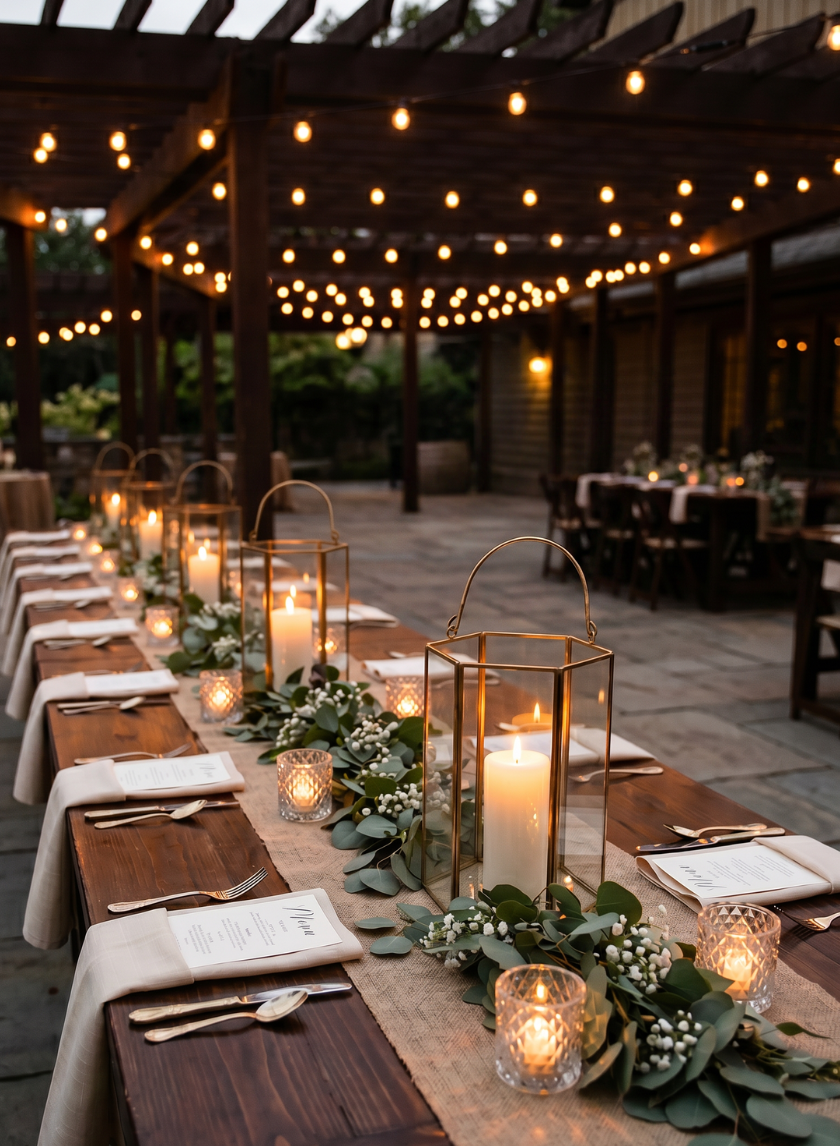 A rustic outdoor dining table features greenery, wedding centerpieces, and 8in Tall Gold Hexagon Lanterns, with string lights above for a warm glow. Place settings and menus are neatly arranged on the inviting wooden table.