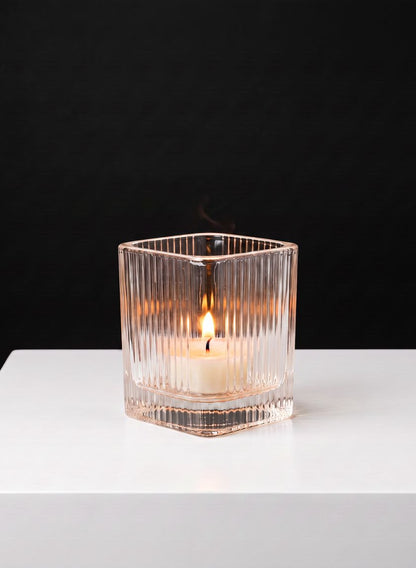 3.5in Tall Pleated Cube Tealight Glass Holder, Set of 6 Decor Jamali Garden