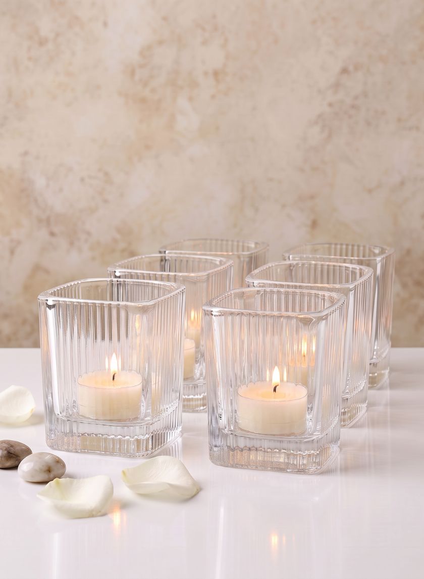 3.5in Tall Pleated Cube Tealight Glass Holder, Set of 6 Decor Jamali Garden