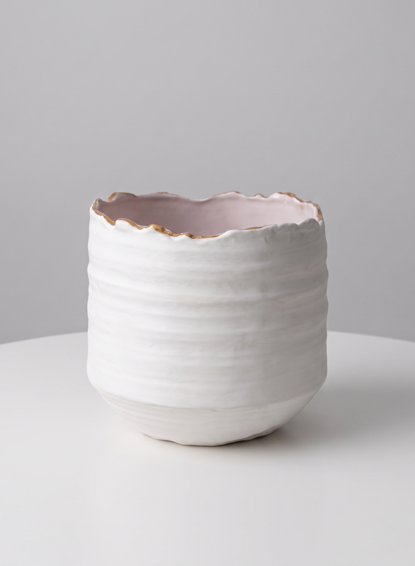 5in Clay White Porcelain Cylinder with Gold Edging
