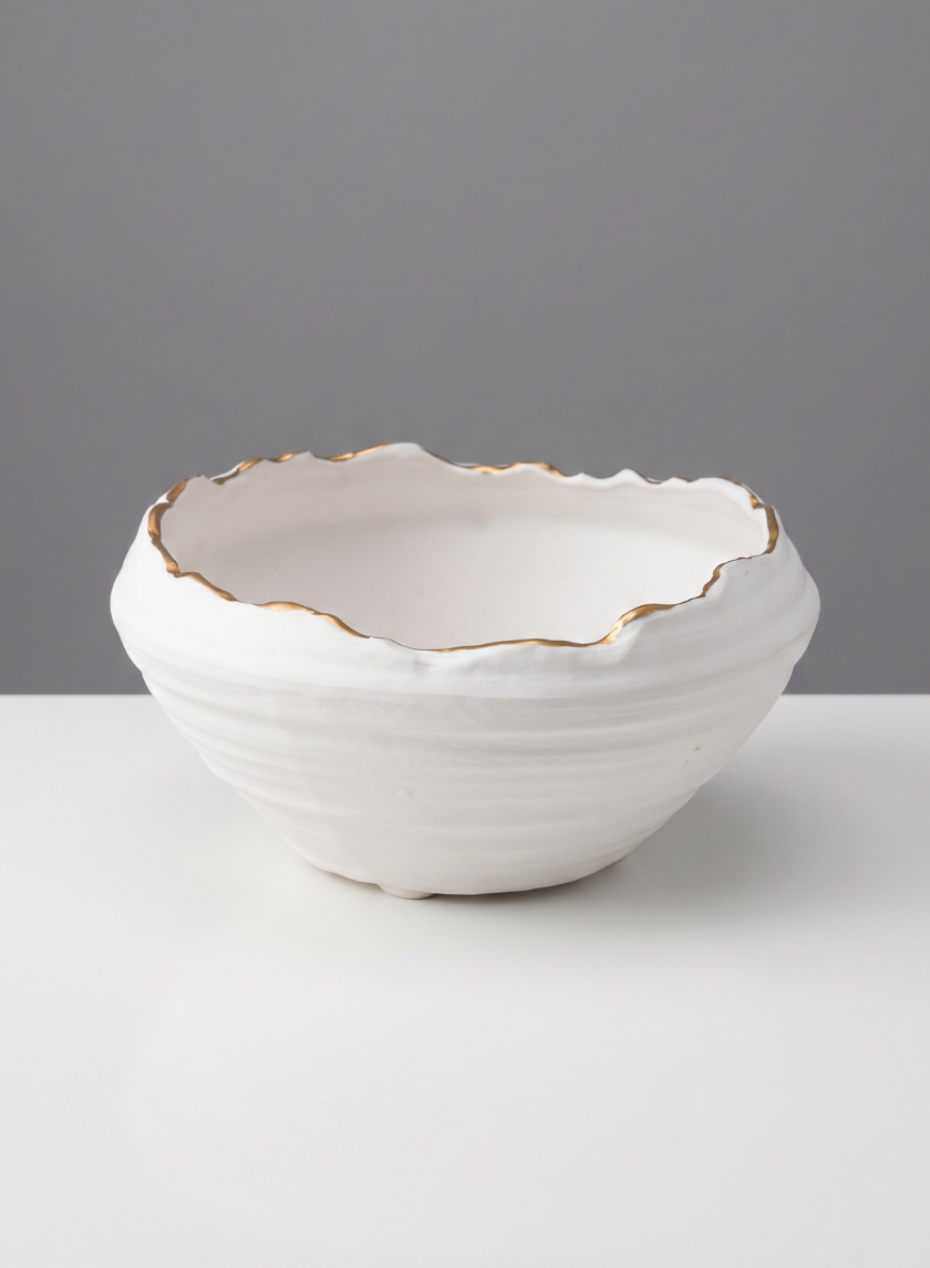 6in Wide Clay White Porcelain Bowl with Gold Edging Decor Jamali Garden