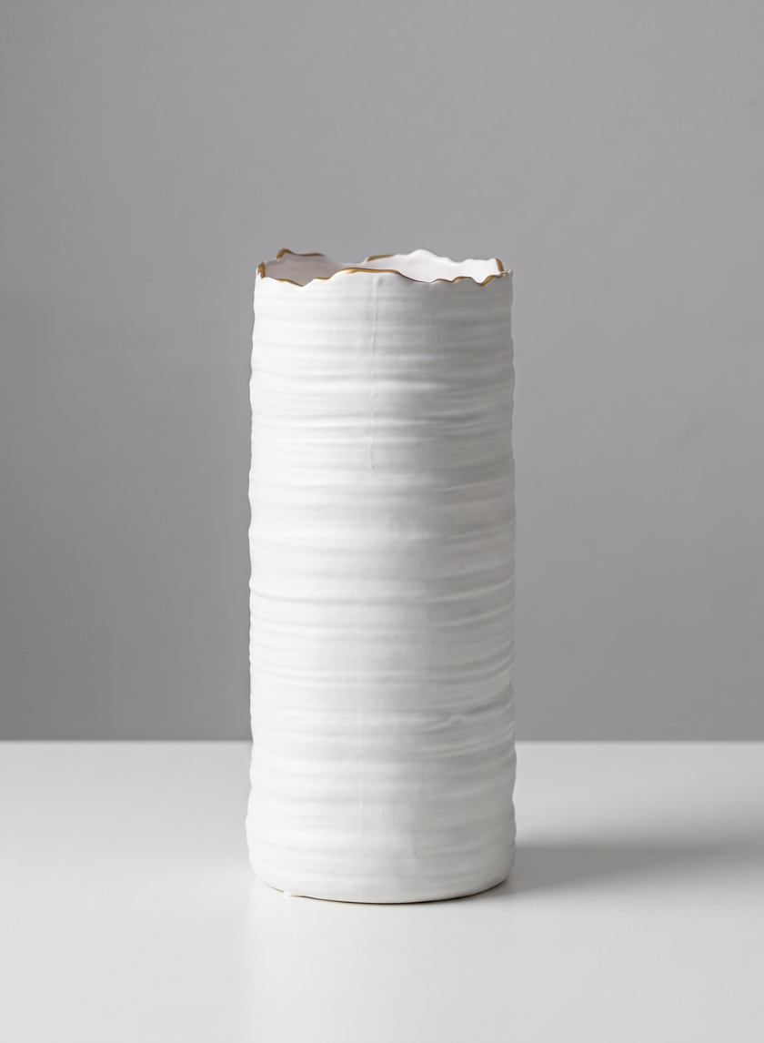 4in x 10in  Clay White Porcelain Cylinder with Gold Edging