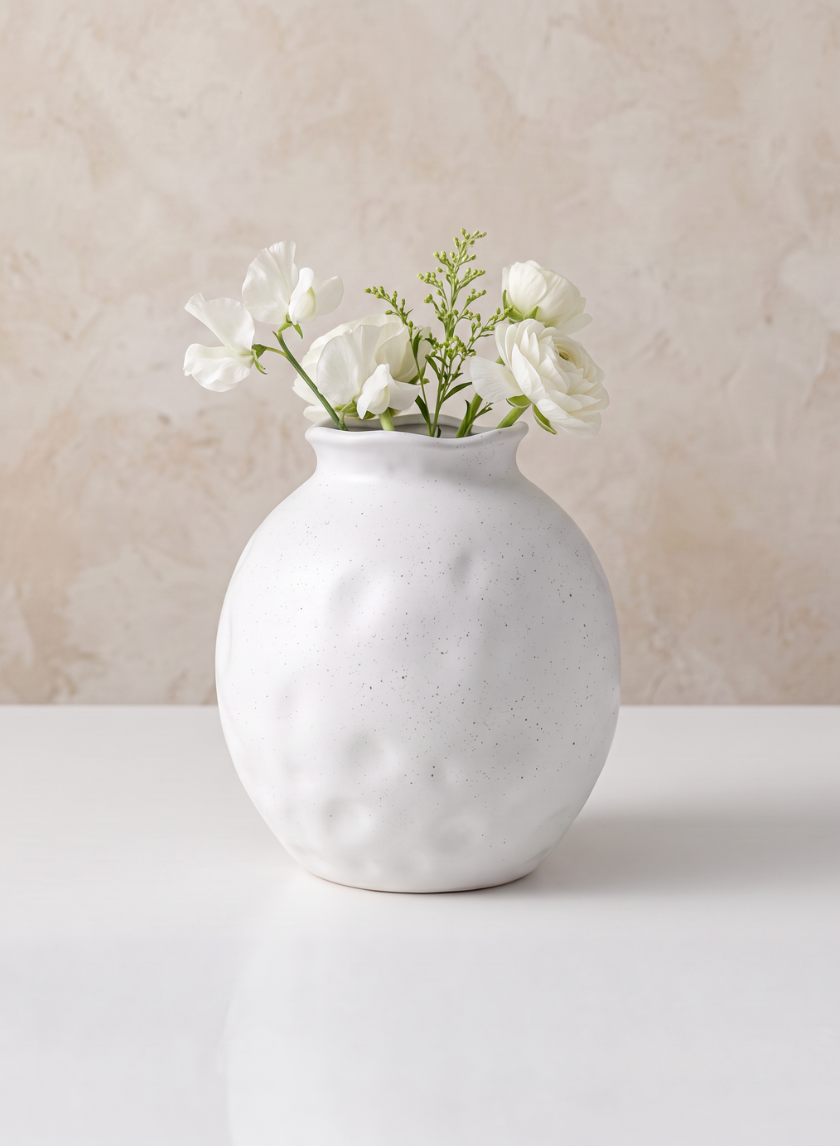A 5.5in Aged White Porcelain Fishbowl Vase filled with white flowers and greenery sits on a white surface against a light, textured background.
