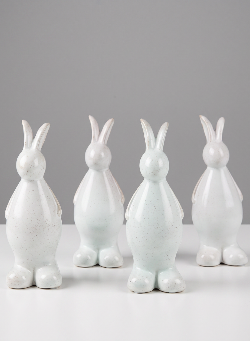 A set of four 7.5-inch aged white porcelain rabbits is arranged in two rows on a white surface against a plain gray background.