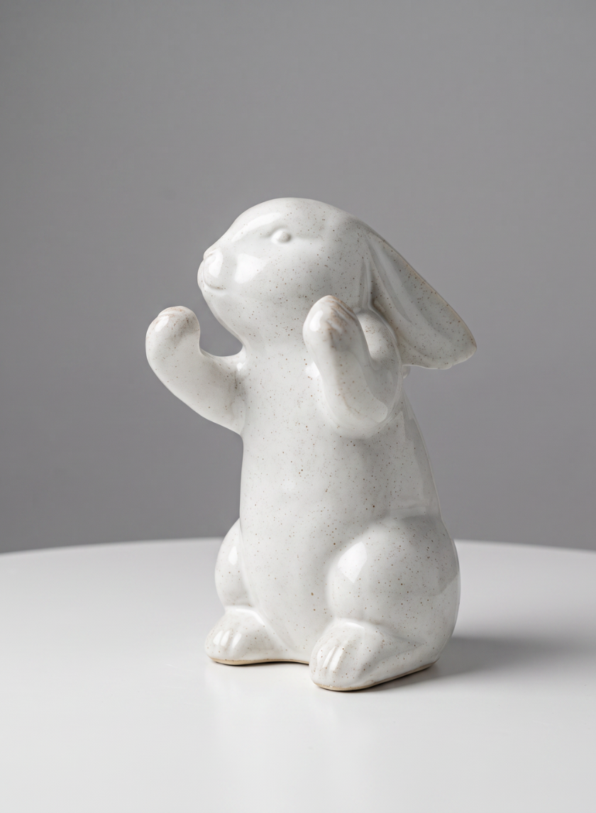 A 6.5in aged white porcelain rabbit from a set of four sits upright on a round white surface, front paws raised and ears pointed back, against a plain gray background.