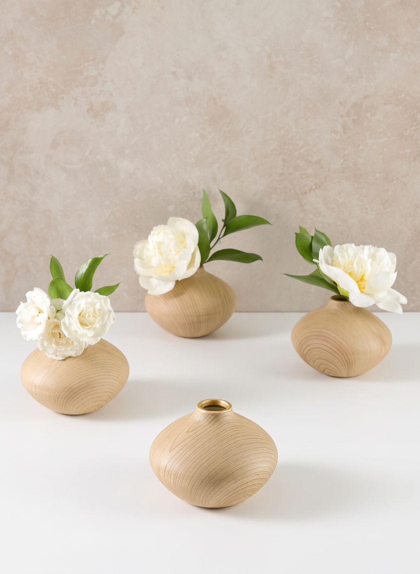 4in Tall Tsubaki Natural Wood Look Ceramic Bud Vase, Set of 4 Decor Jamali Garden