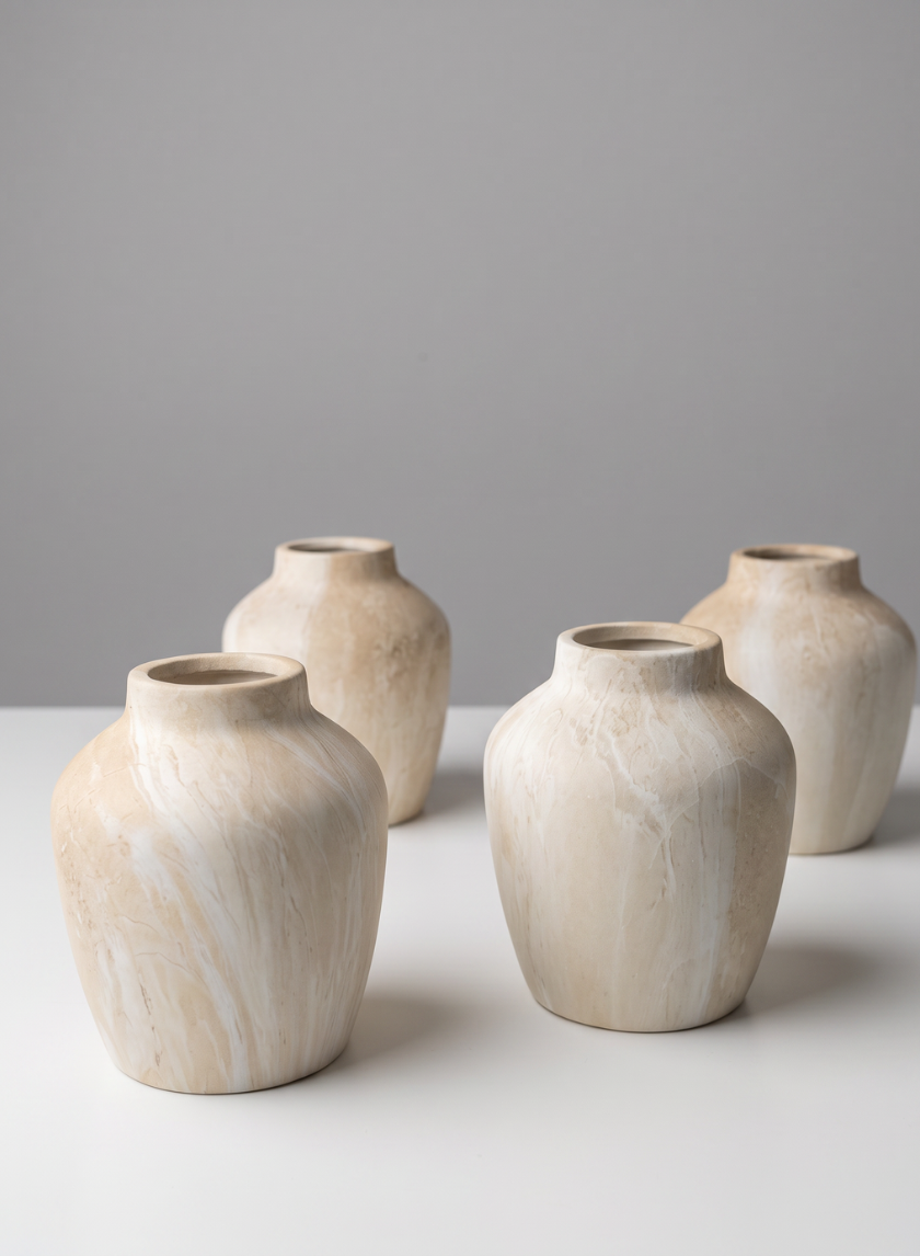 Four 4-inch tall "Travertine Look" ceramic mini vases are arranged on a white surface against a plain gray background.