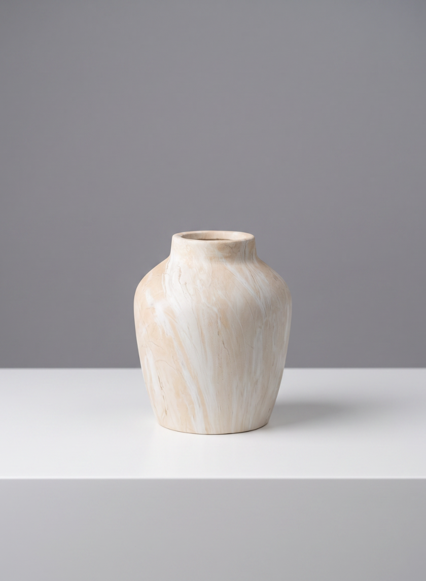 A 4in tall "Travertine Look" ceramic mini vase, featuring a beige and white marbled design with a wide body and narrow neck, sits on a white surface against a plain gray background.