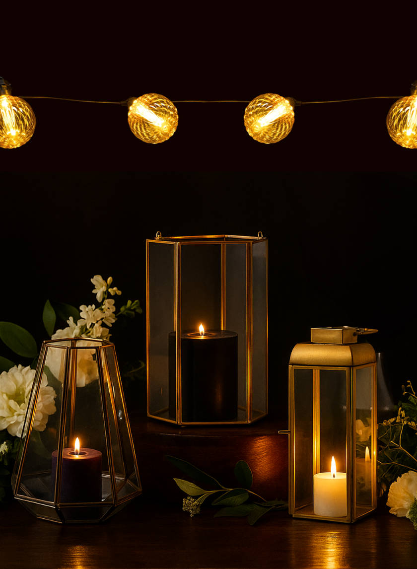 Three 8in Tall Gold Hexagon Lanterns with lit candles rest on wood surrounded by white flowers and greenery, while a string of golden lights glows above—ideal wedding centerpieces for an elegant celebration.