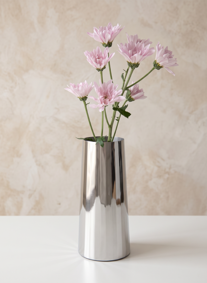 9in Tall Le Mans Silver Faceted Stainless Steel Vase Decor Jamali Garden