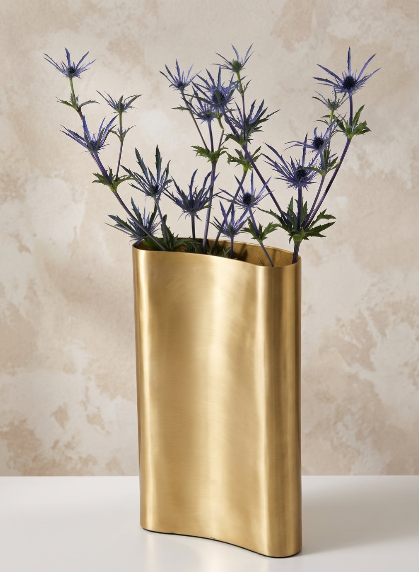 12in Tall Bretagne Matte Gold Curved Aluminum Vase Decor Jamali Garden