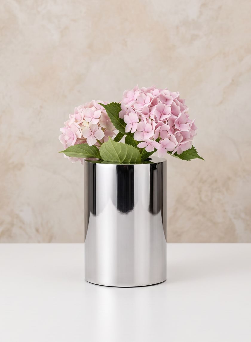 6in Tall Bamboche Stainless Steel Silver Cylinder Decor Jamali Garden