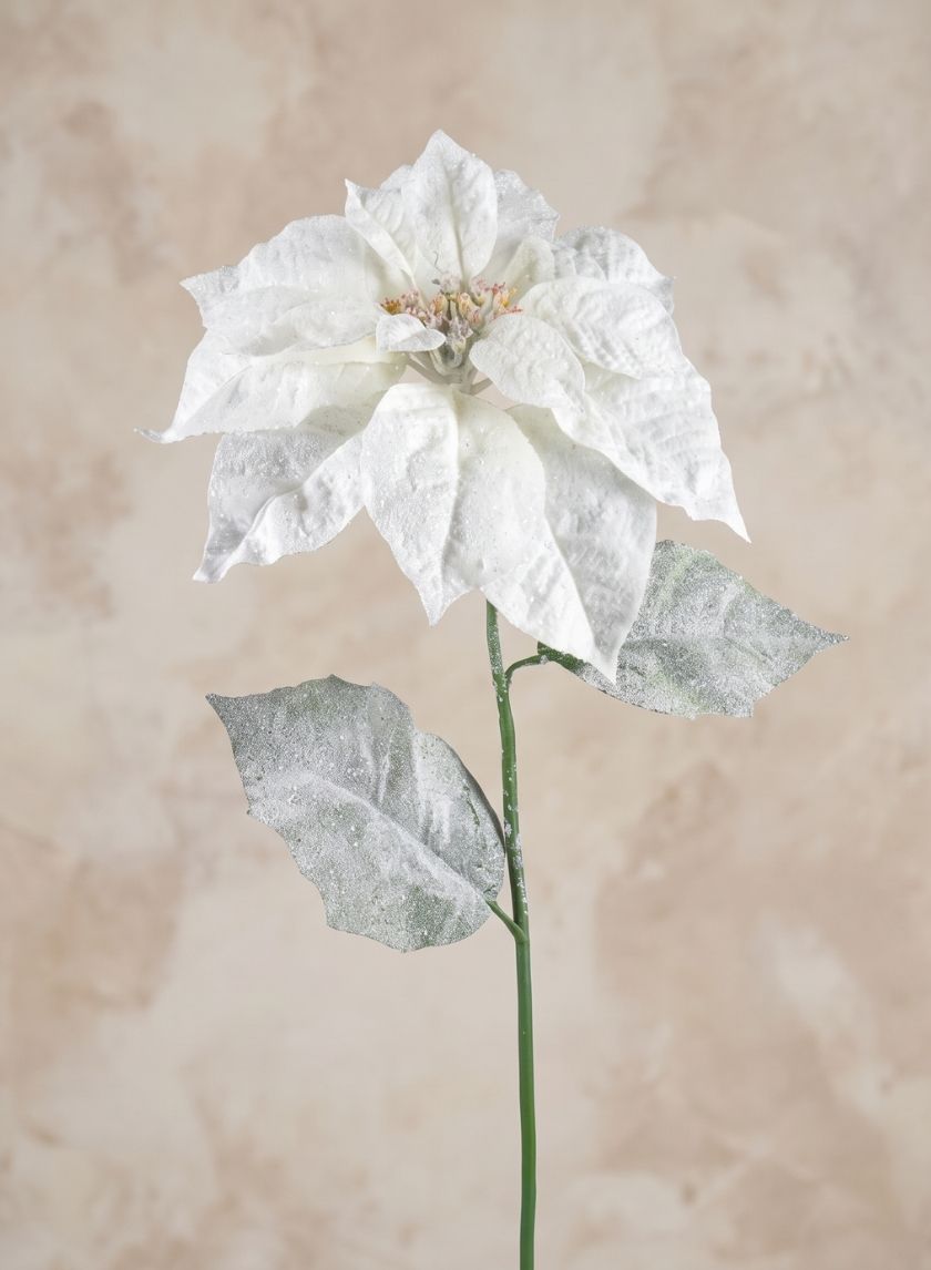 26in Long Glitter Frost Poinsettia Spray, Case of 12 Decor Jamali Garden