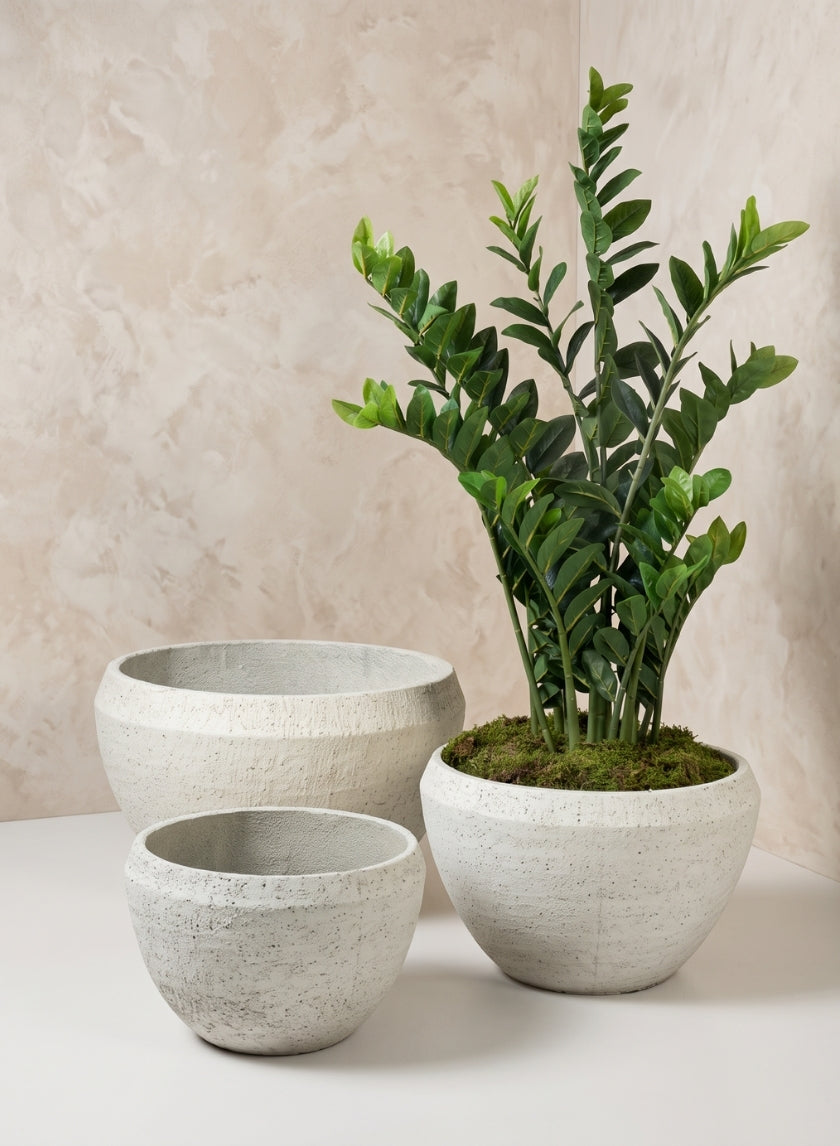 Meknes Fiber Cement Low Bowls, Rustic White Decor Jamali Garden