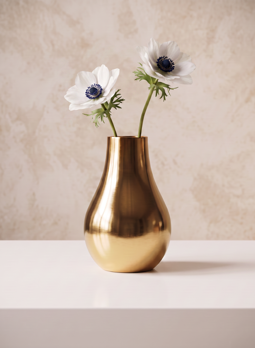A 4in Tall Shiny Gold Bud Metal Vase holds two white flowers with dark centers, arranged on a white surface against a beige textured background.