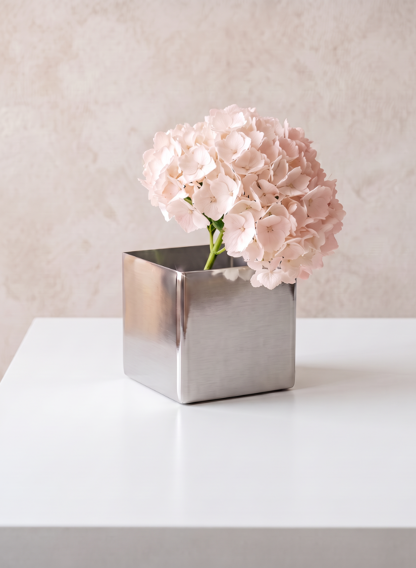 A light pink hydrangea flower in a modern, 3in Cube Polish Stainless Steel Vase sits on a white table against a light beige textured background.